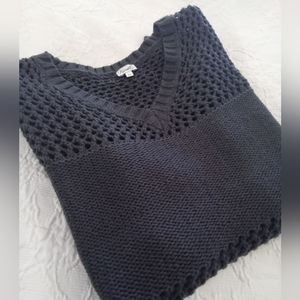 Charcoal Grey Open Knit Long Sleeve V Neck Sweater